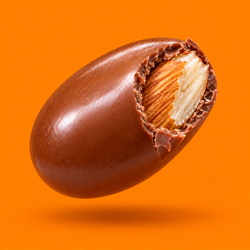 Chocolate-coated almond with a roasted almond centre on vivid orange