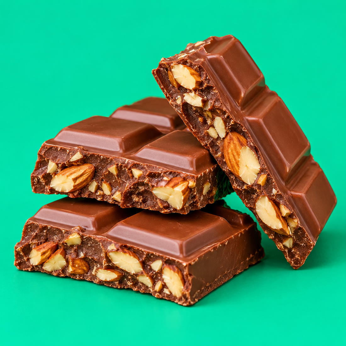 Roasted almond chocolate bar pieces on turquoise green
