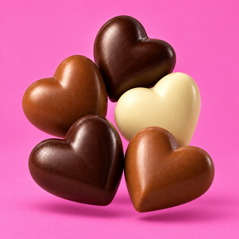 Milk, dark and white chocolate hearts on bright pink