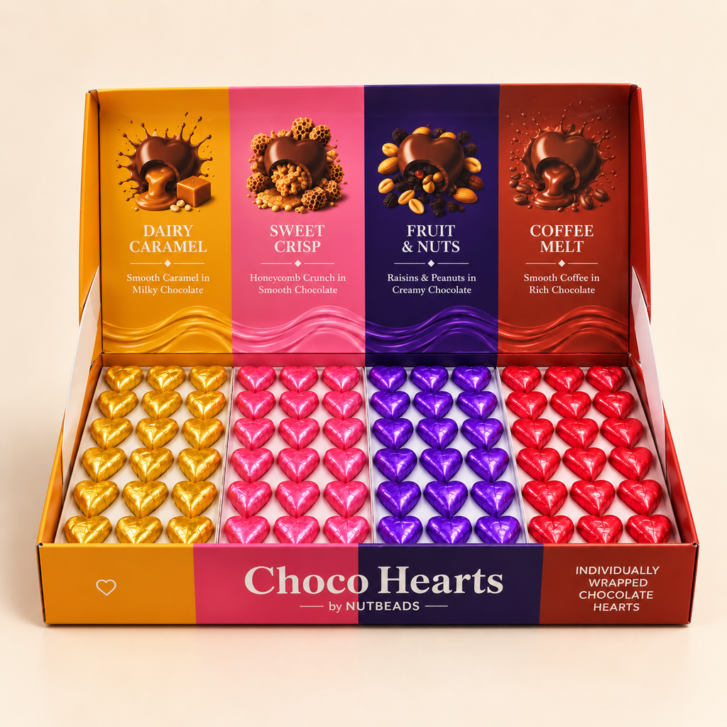 Nutbeads Choco Hearts premium box open on cream studio background