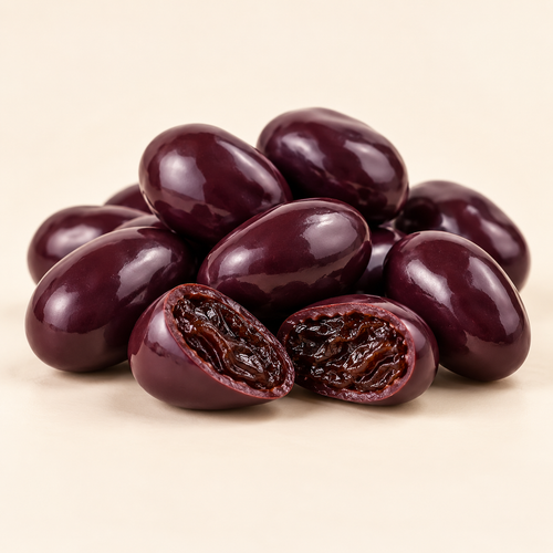Nutbeads chocolate coated raisins with smooth polished dark purple coating